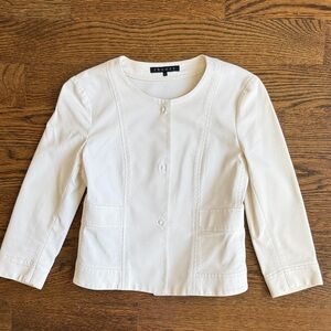 Theory Cream Collarless Button Front Fitted Jacket, 7/8 sleeves